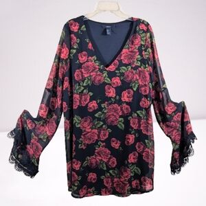 Forever 21 Mini Dress Red Rose Print Black Chiffon Gothic Boho Size Small